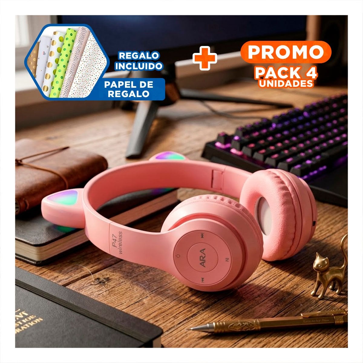 PACK4 AURICULARES TIPO GATO CON LUCES COLOR ROSADO PARA COMPUTADORA Y OFICINA Y+PAPEL REGALO - 1