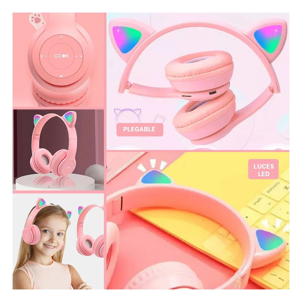 PACK4 AURICULARES TIPO GATO CON LUCES COLOR ROSADO PARA COMPUTADORA Y OFICINA Y+PAPEL REGALO - 4