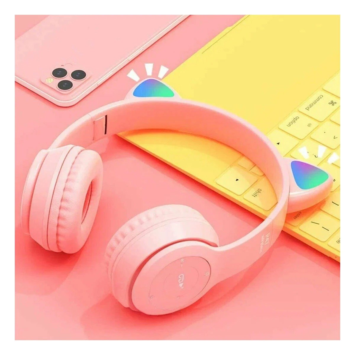 PACK4 AURICULARES TIPO GATO CON LUCES COLOR ROSADO PARA COMPUTADORA Y OFICINA Y+PAPEL REGALO - 5