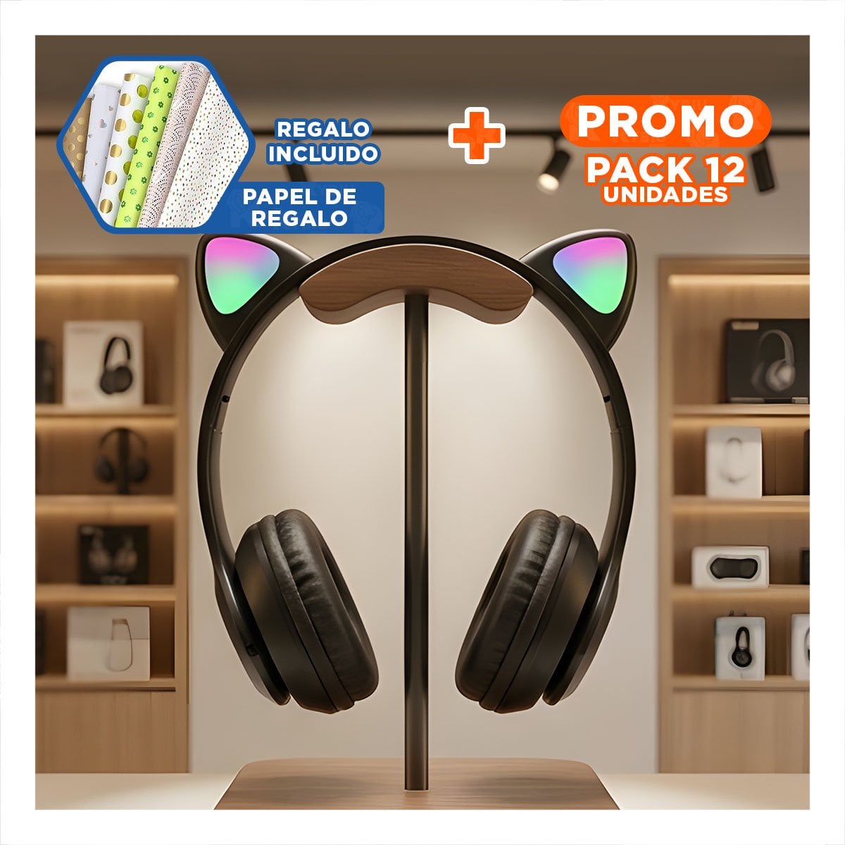 PACK12 AURICULARES TIPO GATO CON LUCES COLOR NEGRO PARA JUEGOS Y TRABAJO DIARIO Y+PAPEL REGALO - 1