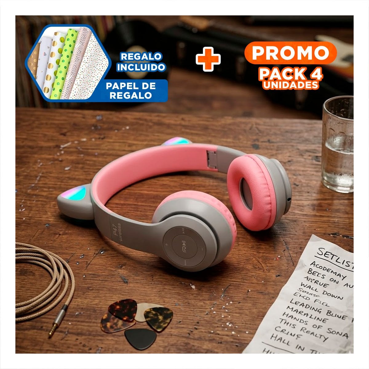 PACK6 AURICULARES TIPO GATO CON LUCES PLOMO PARA JUEGOS Y TRABAJO Y+PAPEL REGALO - 1