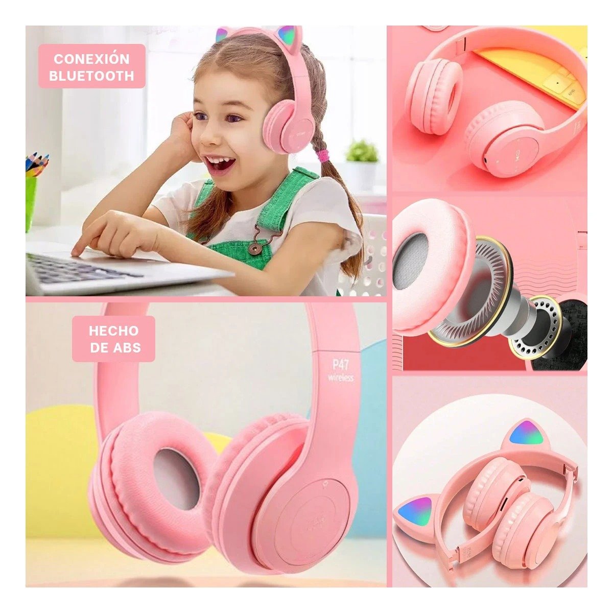 CASCO TIPO GATO CON LUCES COLOR ROSADO PARA COMPUTADORA Y JUEGOS Y+LIGAS REGALO - 2