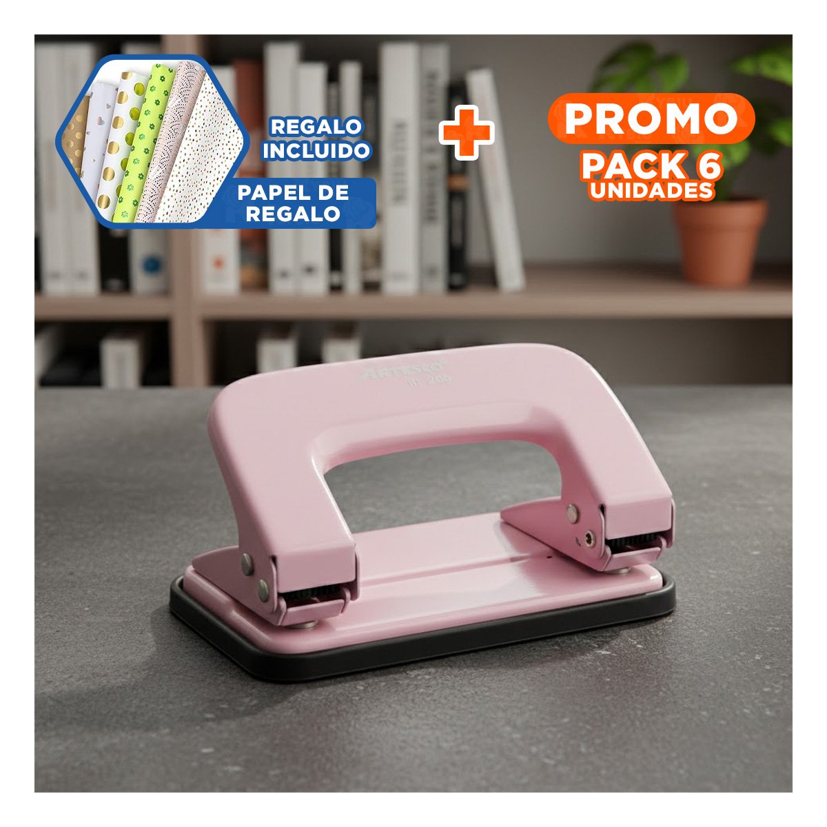 PACK6 ARTICULO METAL ROSADO FUNCIONAL PARA ESCRITORIO FACIL USO DIARIO Y+PAPEL REGALO - 1