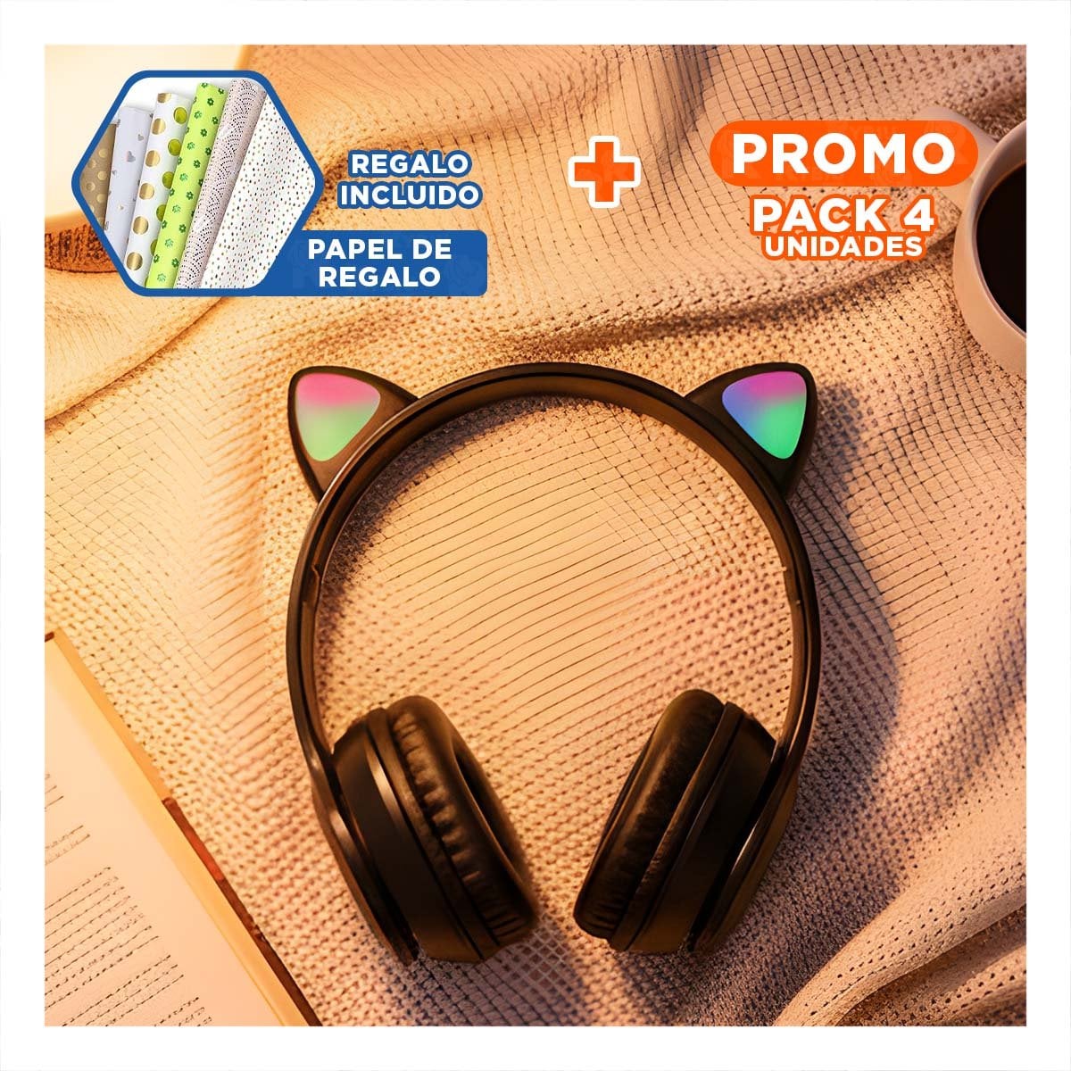 PACK6 AURICULARES TIPO GATO CON LUCES NEGRO PARA JUEGOS Y TRABAJO Y+PAPEL REGALO - 1