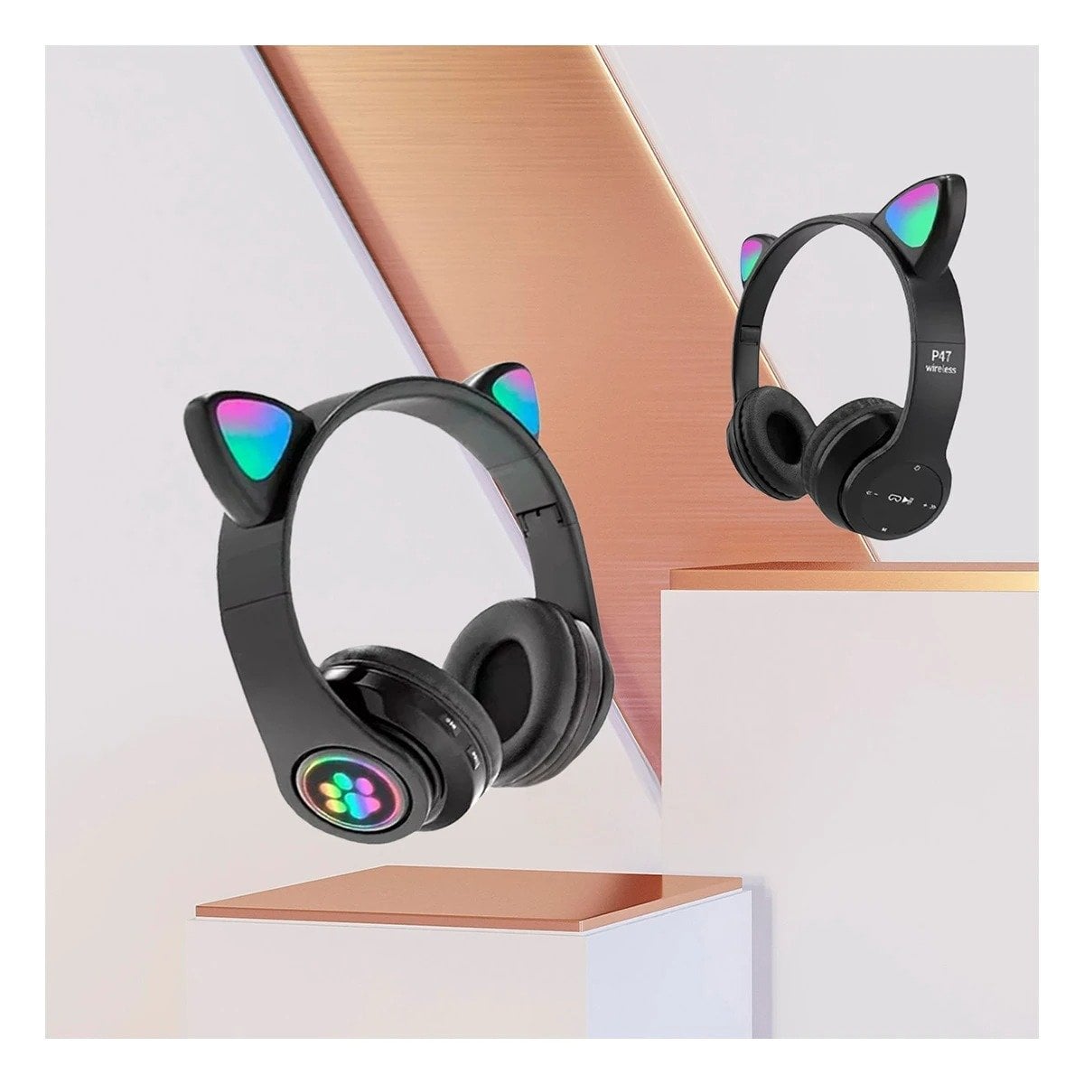 PACK6 AURICULARES TIPO GATO CON LUCES NEGRO PARA JUEGOS Y TRABAJO Y+PAPEL REGALO - 5