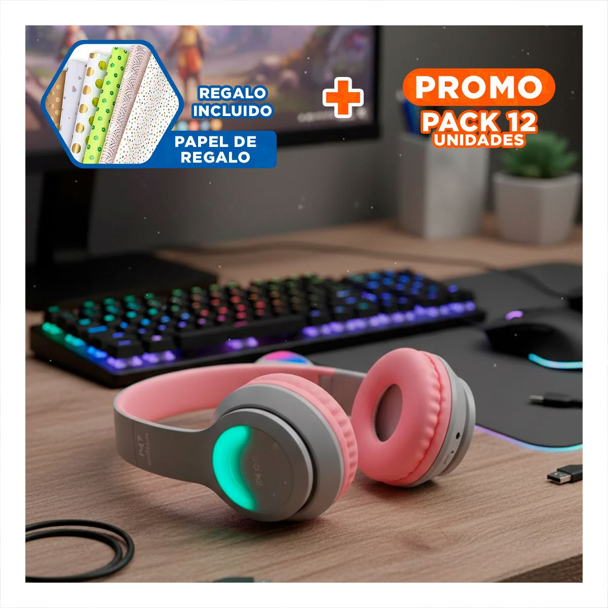 PACK12 AURICULARES TIPO GATO CON LUCES COLOR PLOMO PARA JUEGOS Y TRABAJO DIARIO Y+PAPEL REGALO - 1