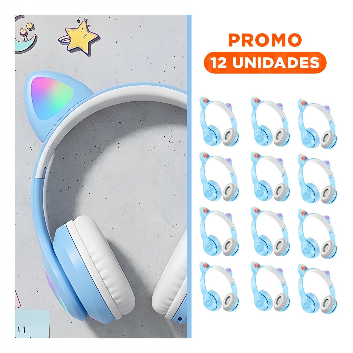 PACK2 AURICULARES TIPO GATO CON LUCES PARA OFICINA Y USO DIARIO COLOR CELESTE - 1