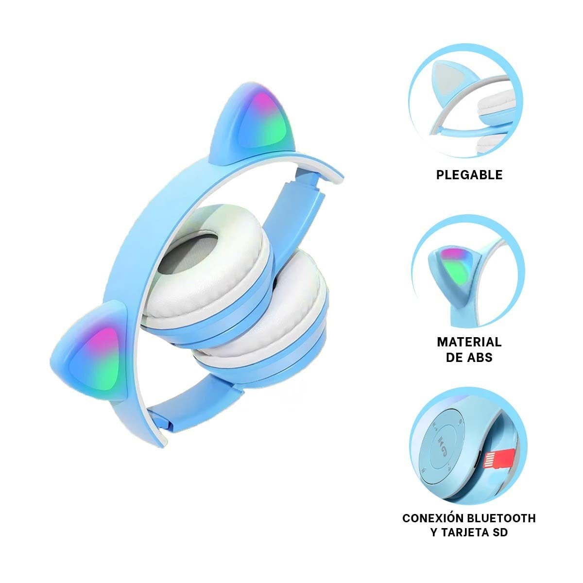 PACK2 AURICULARES TIPO GATO CON LUCES PARA OFICINA Y USO DIARIO COLOR CELESTE - 3