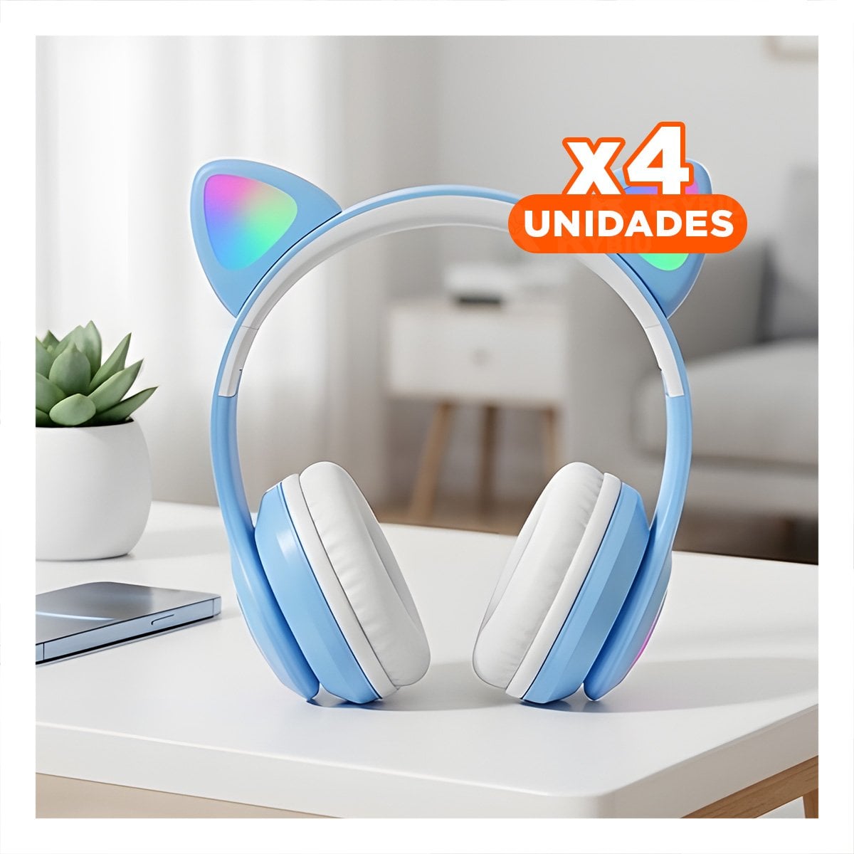 PACK6 HEADSET TIPO GATO CON LUCES COLOR CELESTE PARA COMPUTADORA Y ESCRITURA Y+REGALO STICKER - 1