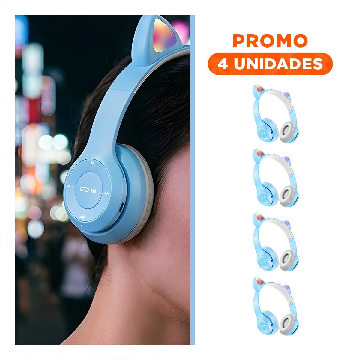 PACK6 AUDIFONOS TIPO GATO CON LUCES COLOR CELESTE PARA COMPUTADORA Y OFICINA - 1