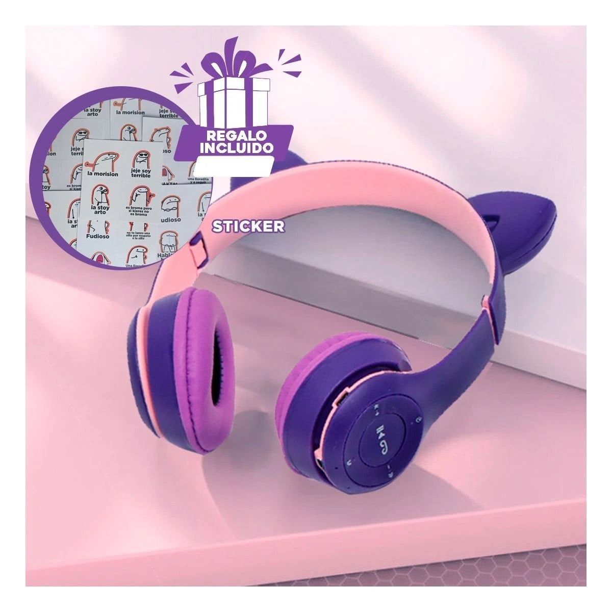 PACK4 AUDIFONOS TIPO GATO CON LUCES MORADO PARA JUEGOS Y ESCRITURA - 1