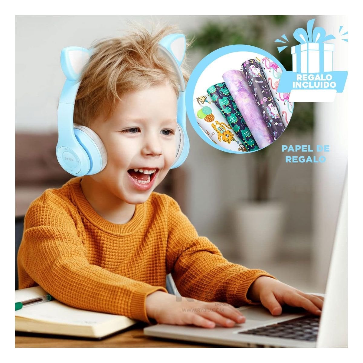 PACK12 AUDIFONOS TIPO GATO CON LUCES CELESTE PARA COMPUTADORA Y ESTUDIO - 1