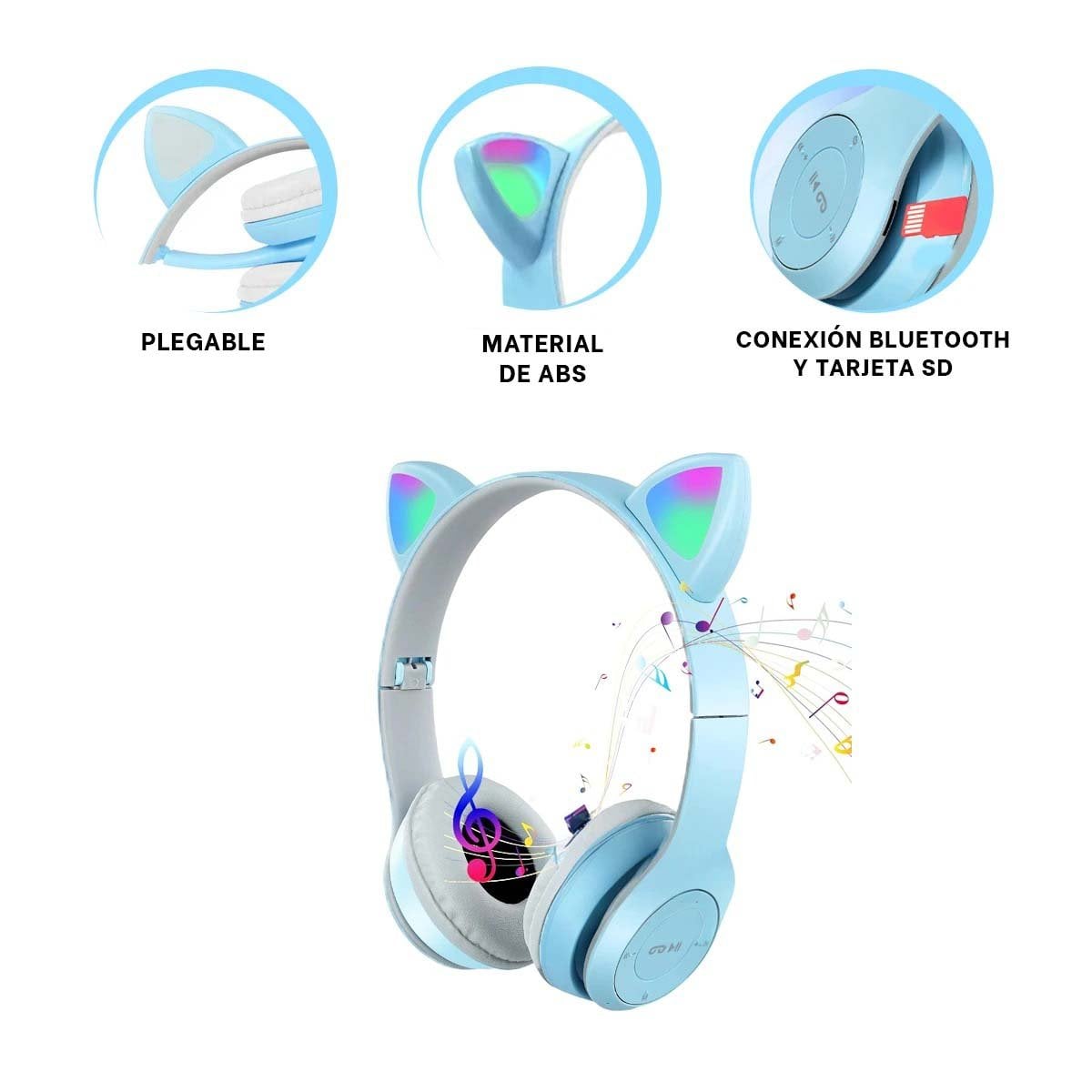 PACK12 AUDIFONOS TIPO GATO CON LUCES CELESTE PARA COMPUTADORA Y ESTUDIO - 3
