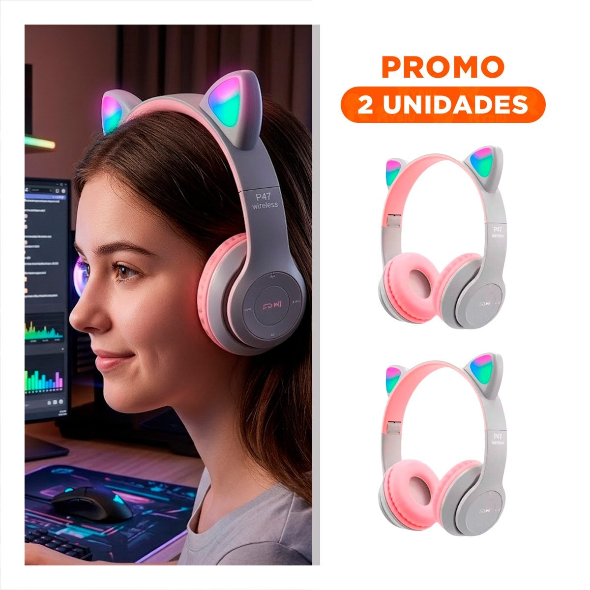 PACK2 AURICULARES TIPO GATO CON LUCES PARA OFICINA Y USO DIARIO COLOR PLOMO - 1