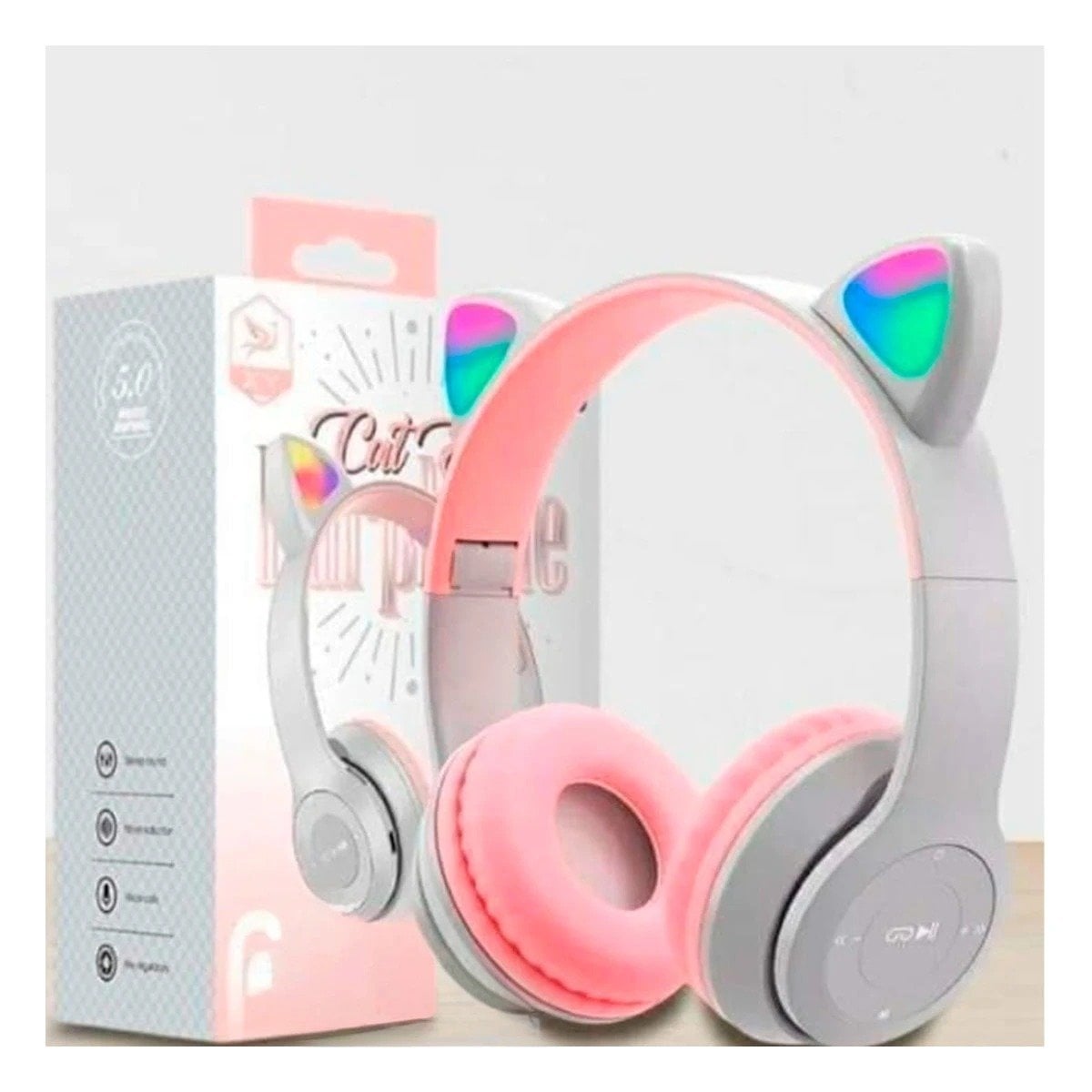 PACK2 AURICULARES TIPO GATO CON LUCES PARA OFICINA Y USO DIARIO COLOR PLOMO - 2