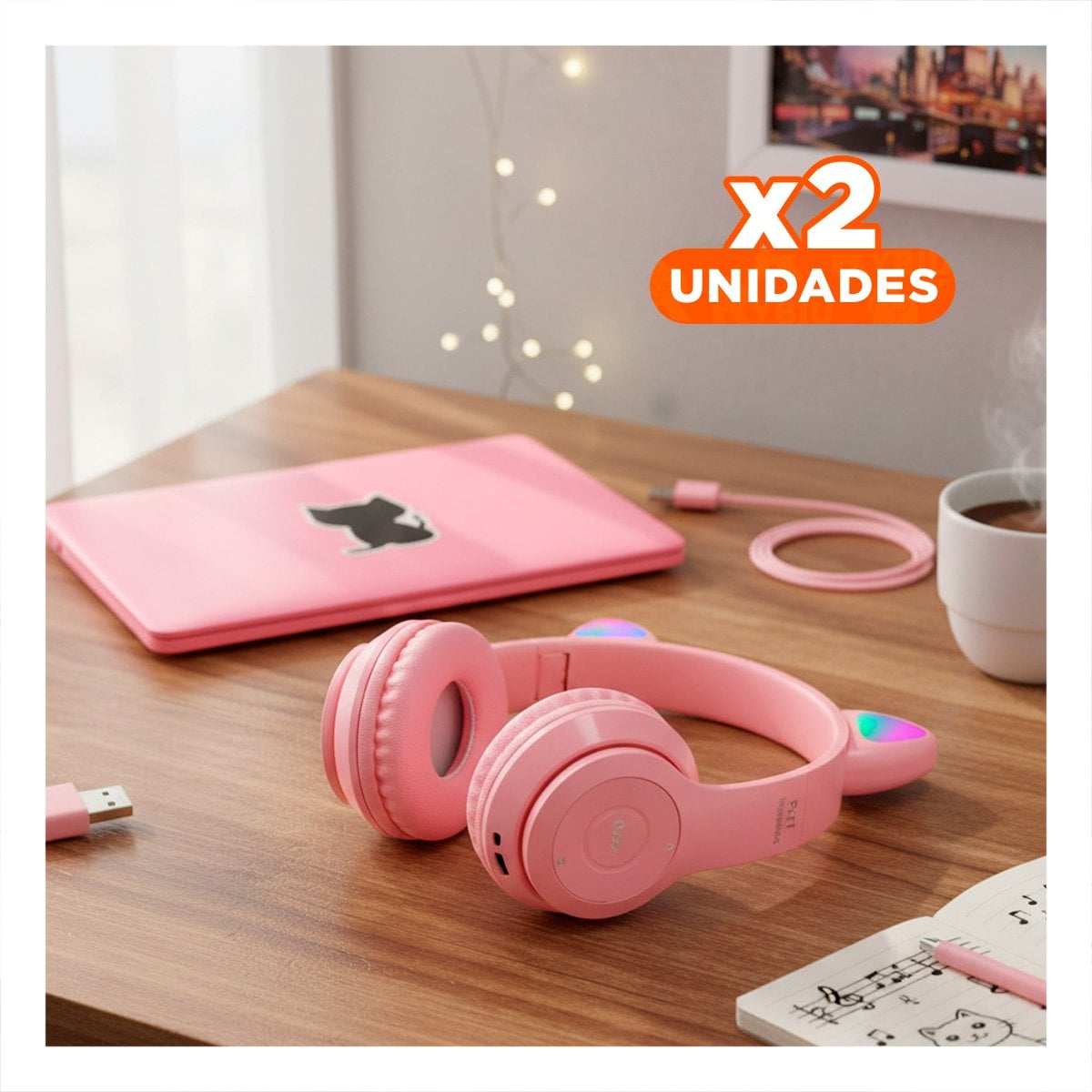 PACK2 AURICULARES TIPO GATO CON LUCES PARA OFICINA Y USO DIARIO COLOR ROSADO - 1