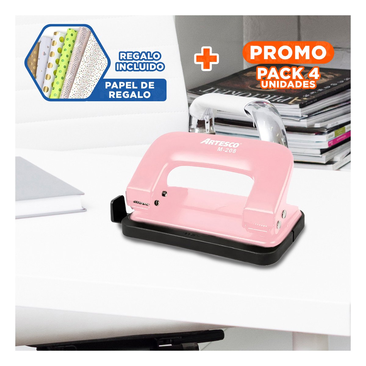 PACK4 HERRAMIENTA METAL ROSADO COMPACTA PARA OFICINA ESCOLAR USO DIARIO - 1