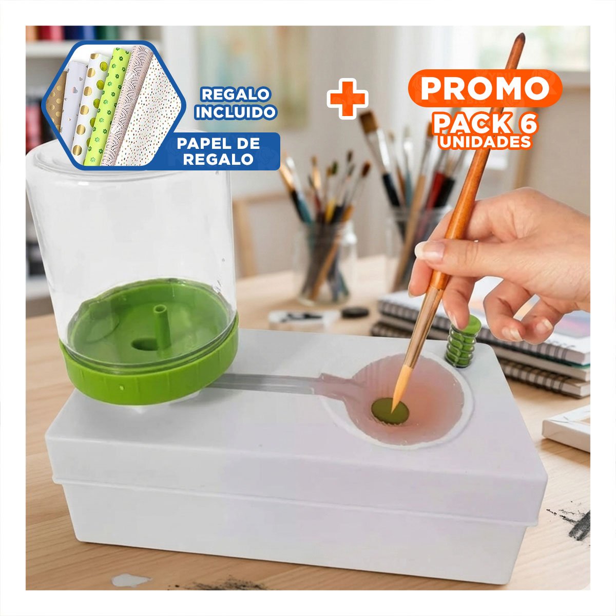 PACK6 ELEMENTO ESCOLAR BLANCO PARA LAVAR PINCEL Y+PAPEL REGALO - 1