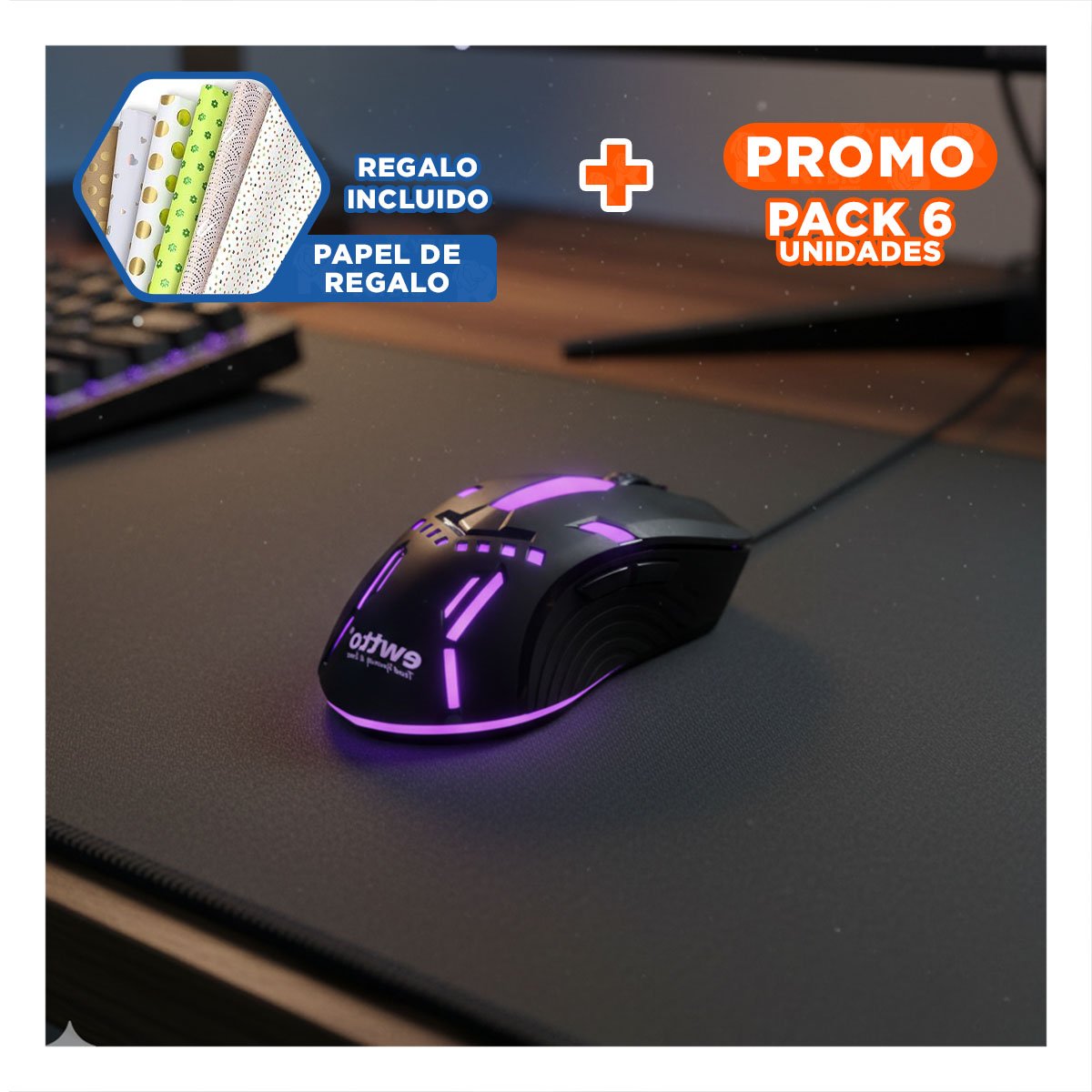PACK6 APUNTADOR GAMER PARA PC COLOR NEGRO DESPLAZAMIENTO AGIL Y+PAPEL REGALO - 1