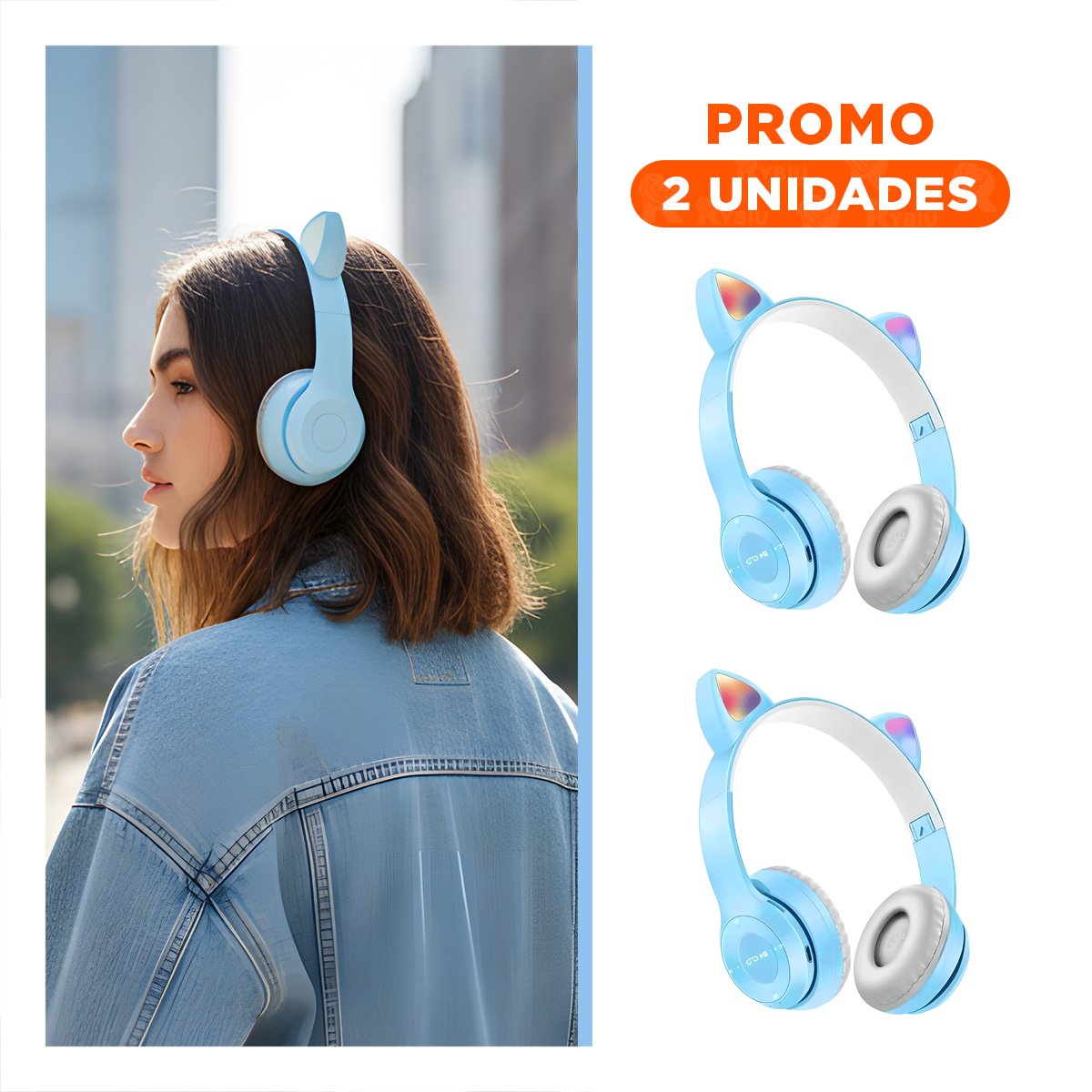PACK4 AUDIFONOS TIPO GATO CON LUCES CELESTE PARA JUEGOS Y ESCRITURA - 1