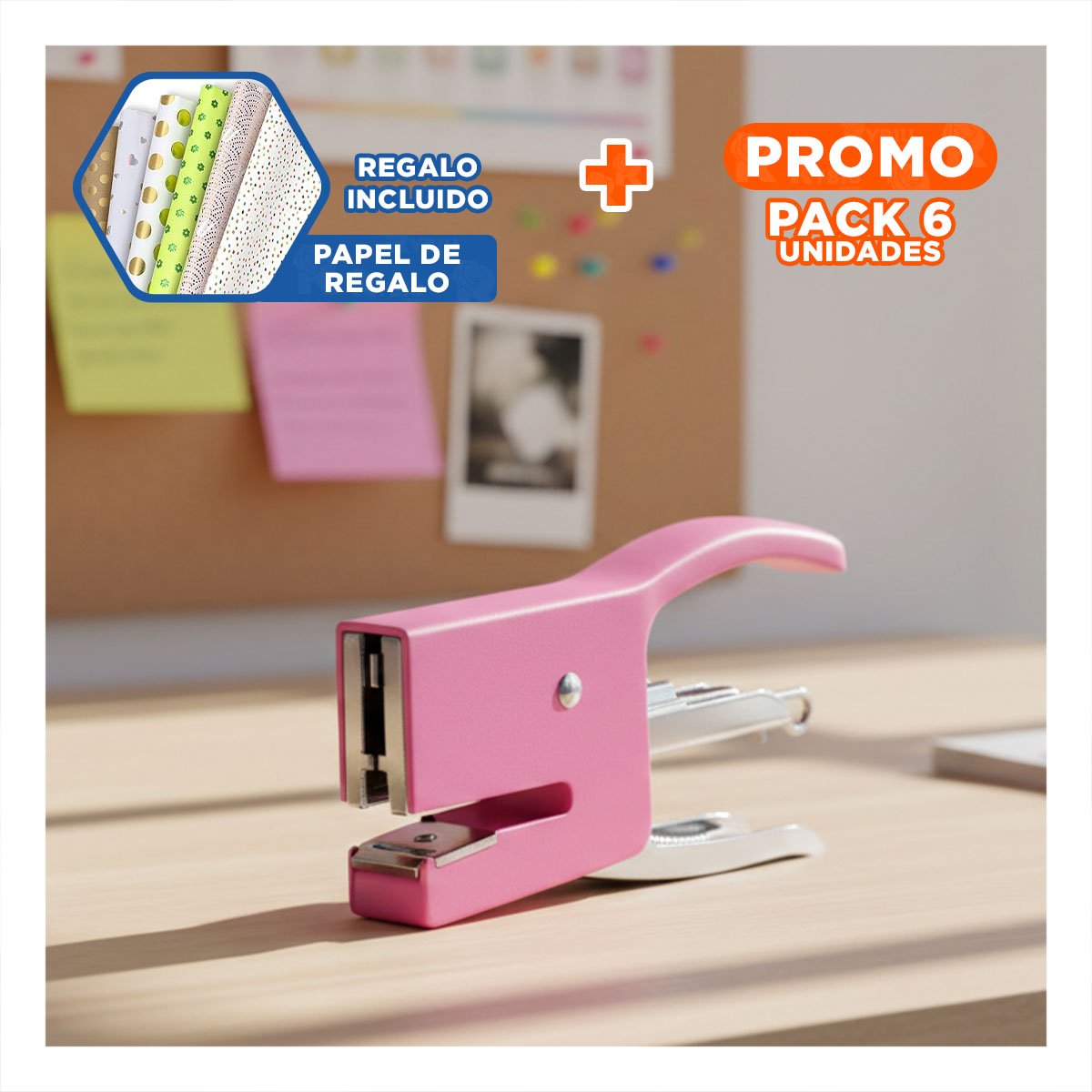 PACK6 OFICINA MINI TIPO ALICATE ROSADO PARA 15 HOJAS USO DIARIO Y+PAPEL REGALO - 1
