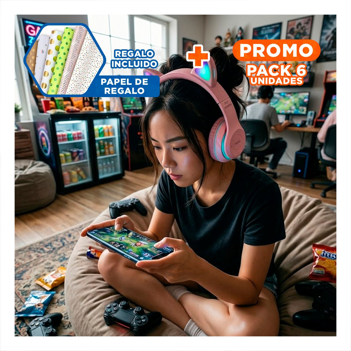 PACK6 HEADSET TIPO GATO CON LUCES COLOR ROSADO PARA COMPUTADORA Y ESCRITURA Y+REGALO STICKER - 1