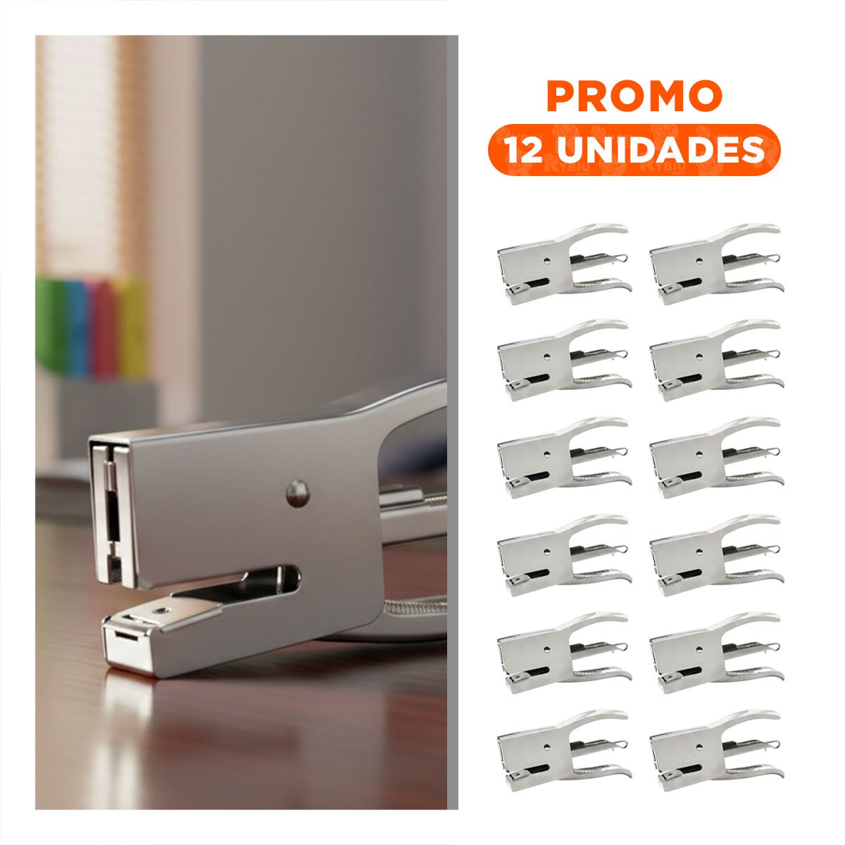 PACK12 MANUAL MINI TIPO ALICATE PLATEADO PARA 15 HOJAS OFICINA Y+REGALO STICKER - 1