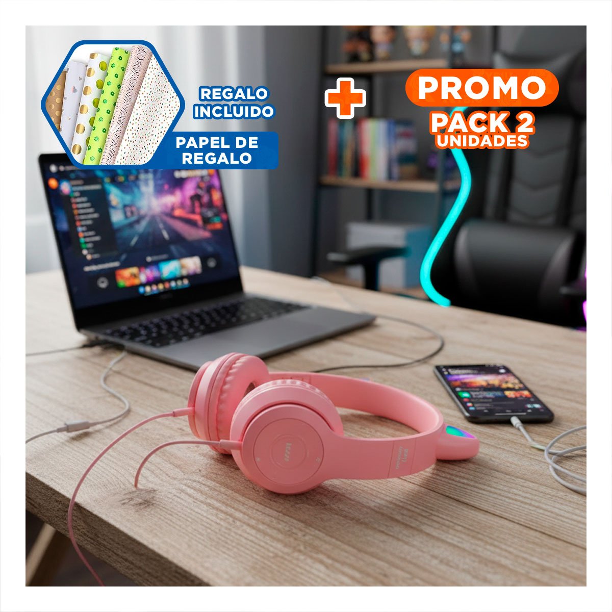 PACK2 HEADSET TIPO GATO CON LUCES ROSADO PARA COMPUTADORA Y JUEGOS Y+PAPEL REGALO - 1