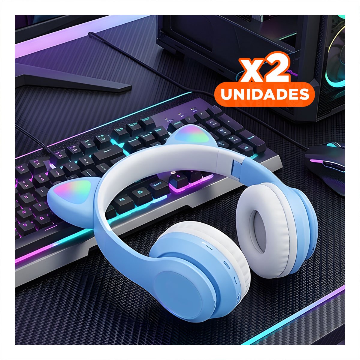 PACK4 AURICULARES TIPO GATO CON LUCES COLOR CELESTE PARA COMPUTADORA Y OFICINA Y+PAPEL REGALO - 1