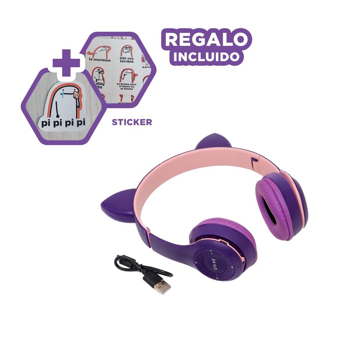 PACK4 AURICULARES TIPO GATO CON LUCES COLOR MORADO PARA COMPUTADORA Y OFICINA Y+PAPEL REGALO - 1
