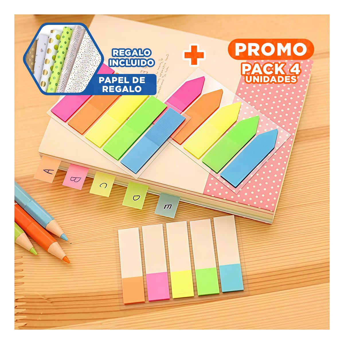 PACK4 PAPELITOS POST IT ADHESIVOS 5 PIEZAS MULTICOLOR TRANSPARENTE FLECHA Y+PAPEL REGALO - 1