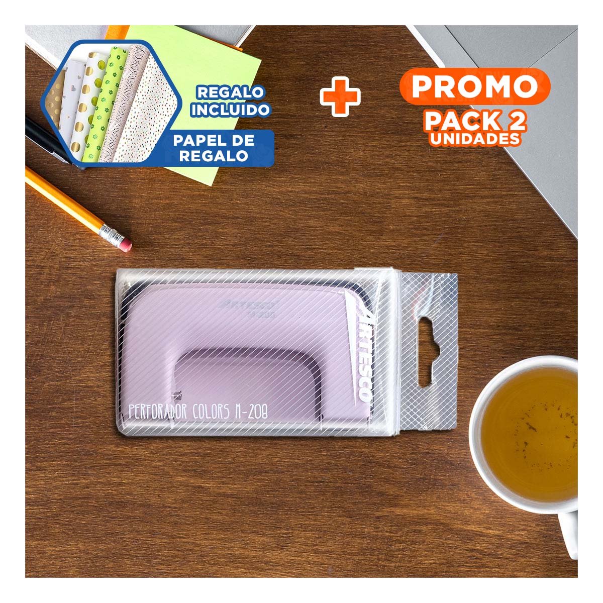 PACK2 TROQUELADORA METAL ROSADO PROFESIONAL PARA OFICINA HOGAR COMPACTA Y+PAPEL REGALO - 1