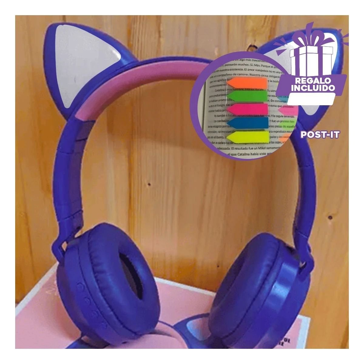 PACK4 HEADSET TIPO GATO CON LUCES MORADO PARA ESTUDIO Y COMPUTADORA Y+REGALO STICKER - 1