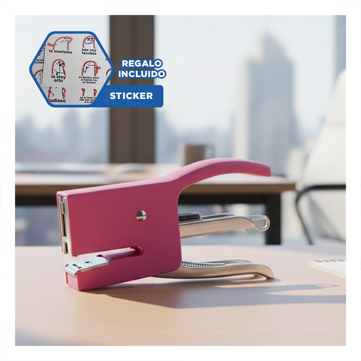 ESTILO MINI TIPO ALICATE ROSADO PARA 15 HOJAS ESCRITORIO Y+REGALO STICKER - 1