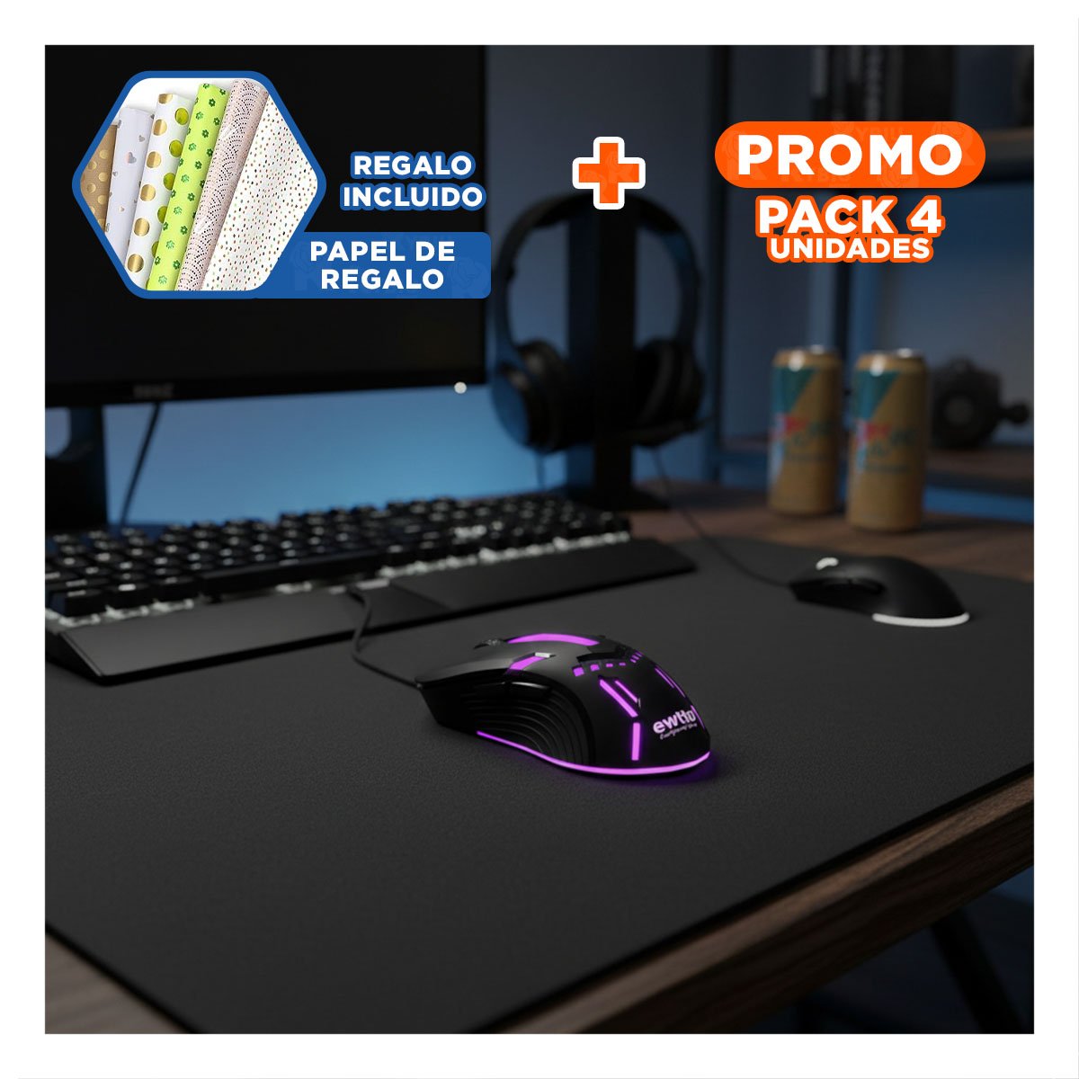 PACK4 APUNTADOR GAMER NEGRO PARA PC Y LAPTOP USO CONTINUO Y+PAPEL REGALO - 1