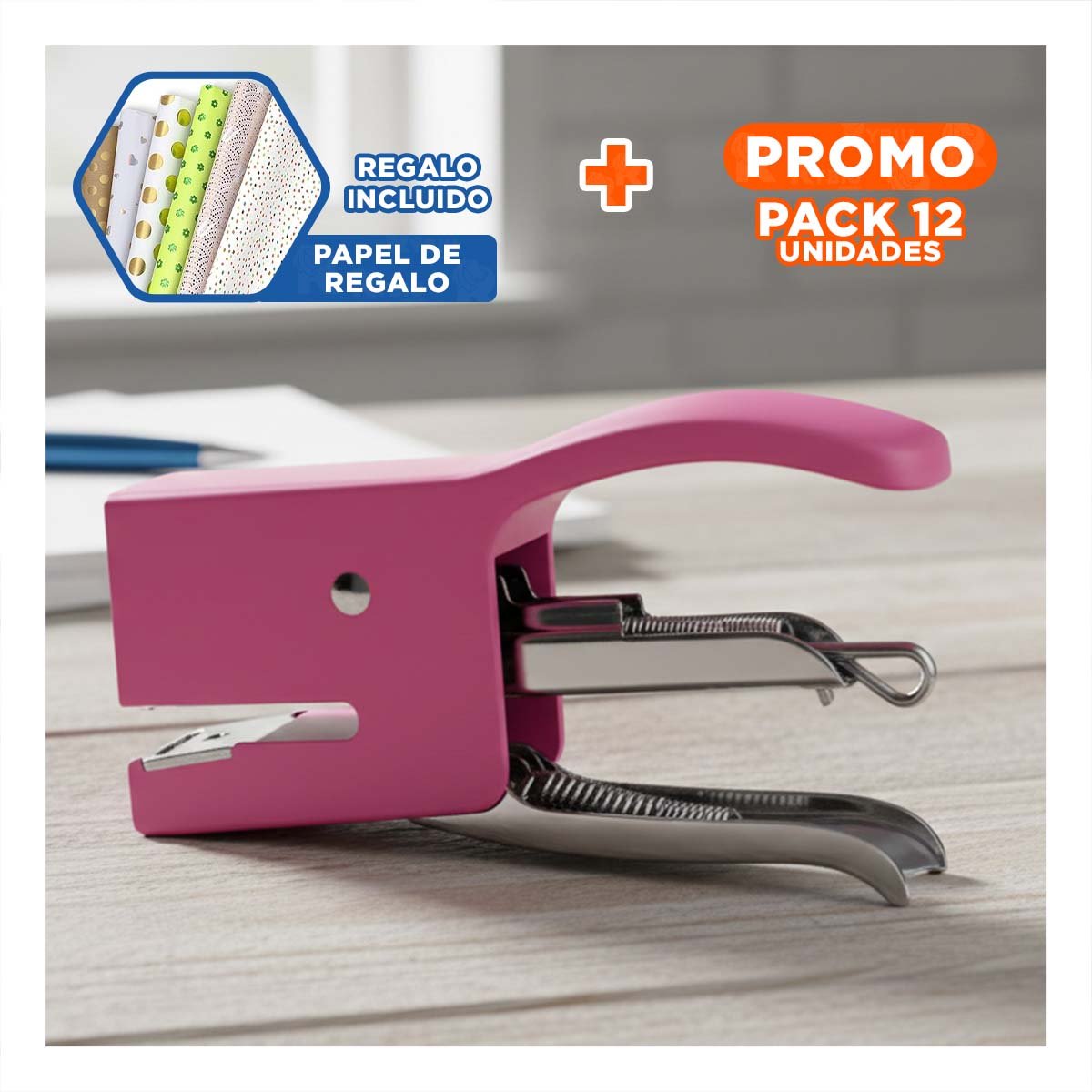 PACK12 ESCRITORIO MINI TIPO ALICATE ROSADO PARA 15 HOJAS TRABAJO Y+PAPEL REGALO - 1