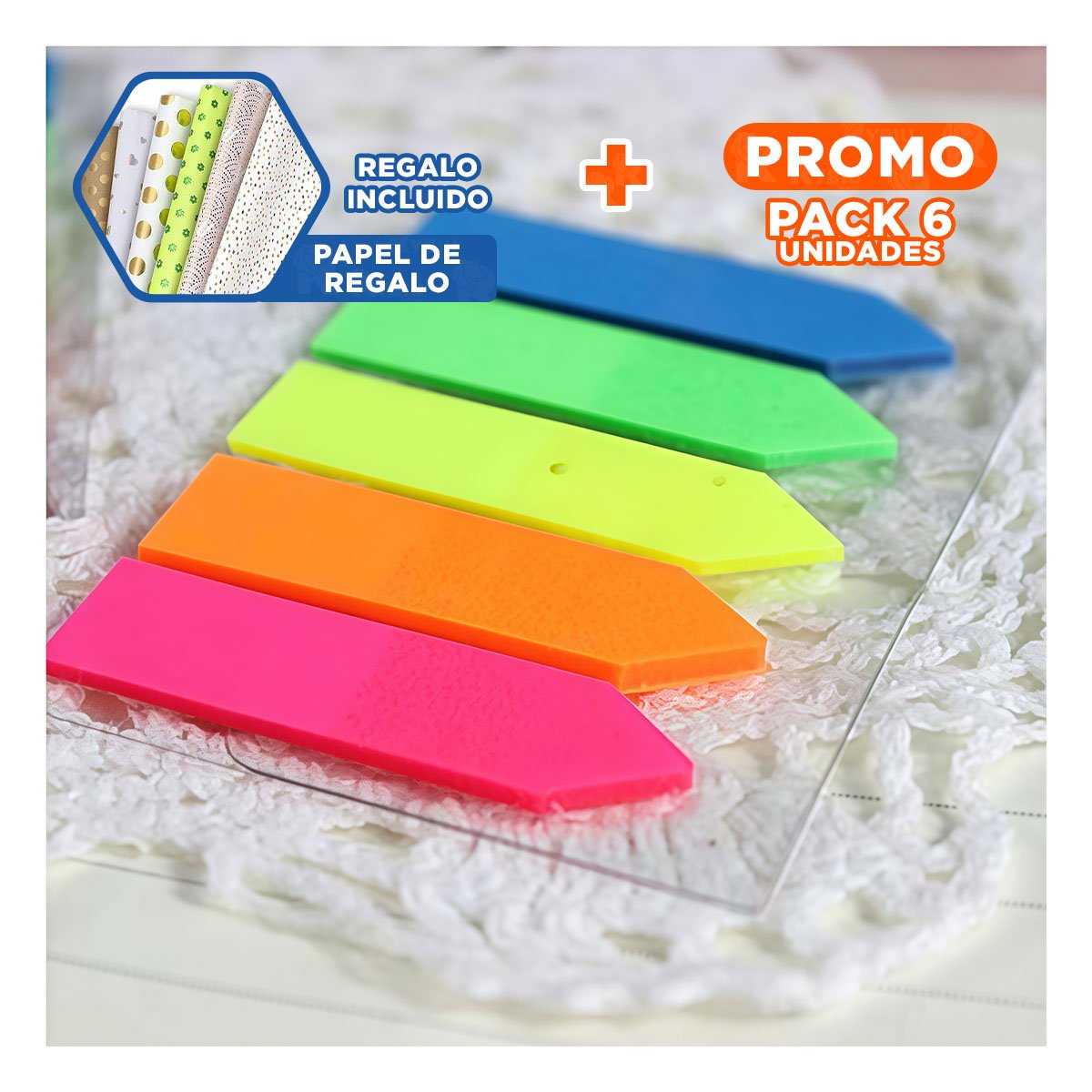 PACK6 COMPLEMENTOS POST IT ADHESIVOS 5 PIEZAS MULTICOLOR FLECHA Y+PAPEL REGALO - 1