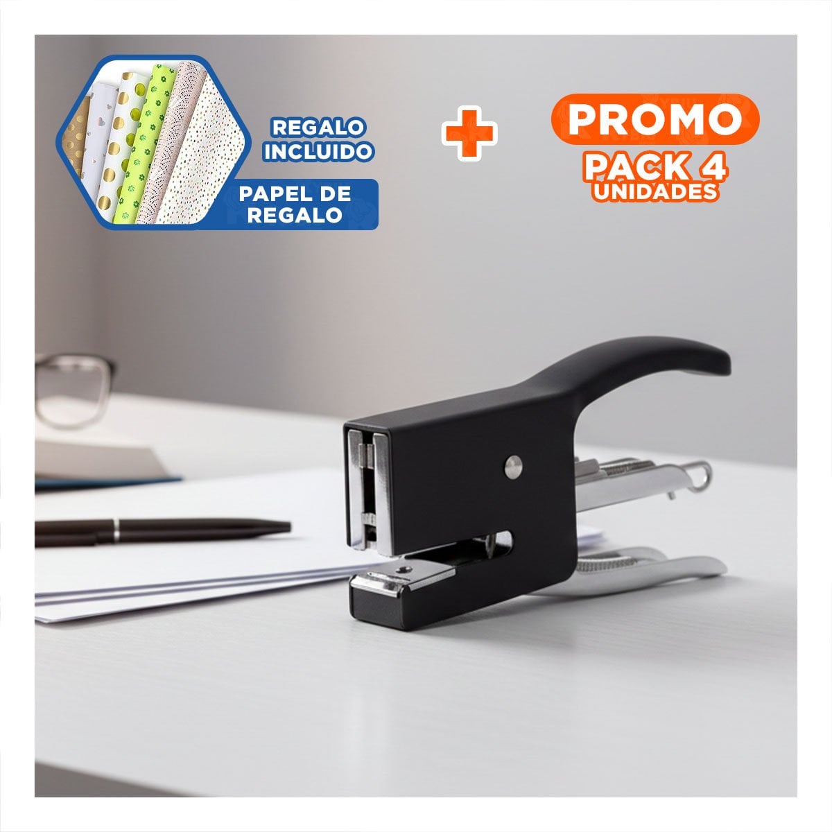 PACK4 LIGERO MINI TIPO ALICATE NEGRO PARA 15 HOJAS OFICINA Y+PAPEL REGALO - 1