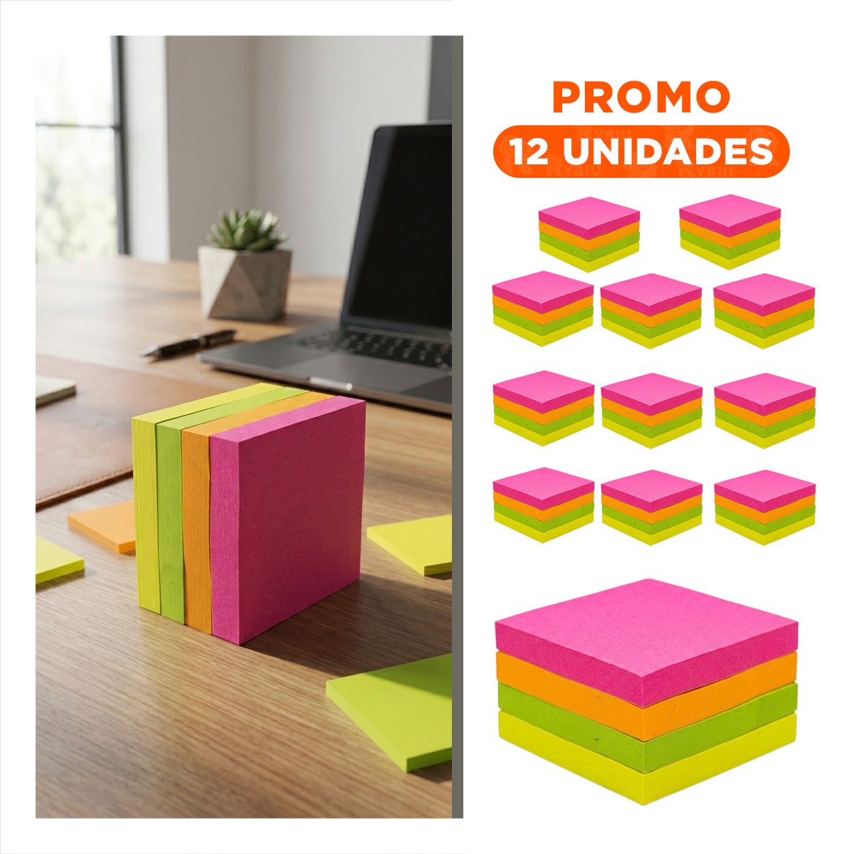 PACK12 NOTAS MULTICOLOR ADHESIVAS CUADRADAS 3,8CM 4 PZS Y+REGALO STICKER - 1
