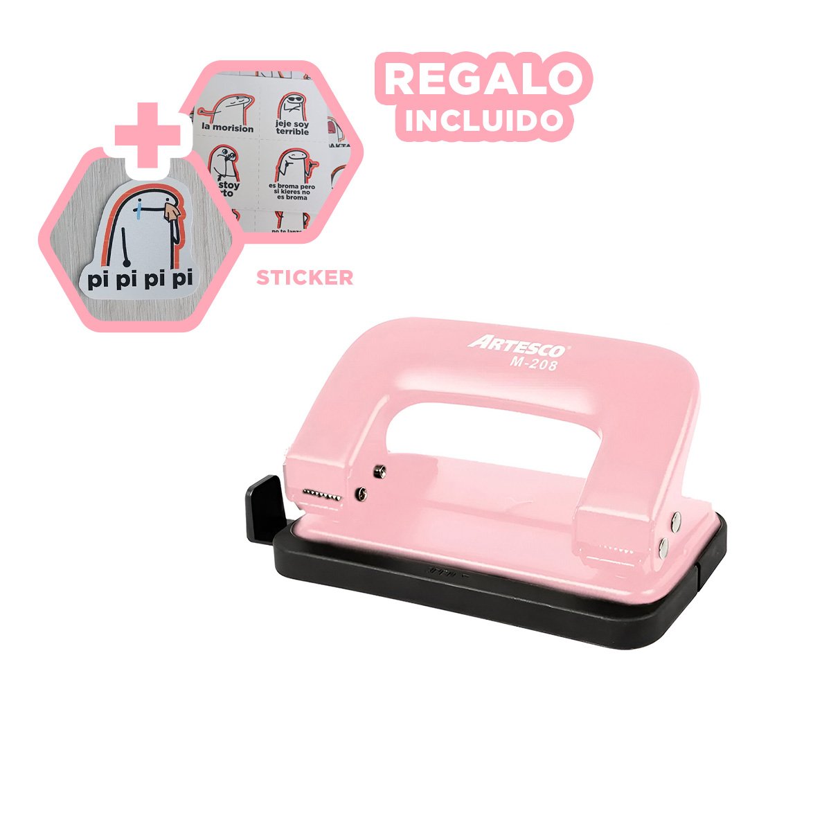 PERFORADOR METAL ROSADO FUNCIONAL PARA ESCRITORIO FACIL USO DIARIO Y+REGALO STICKER - 1