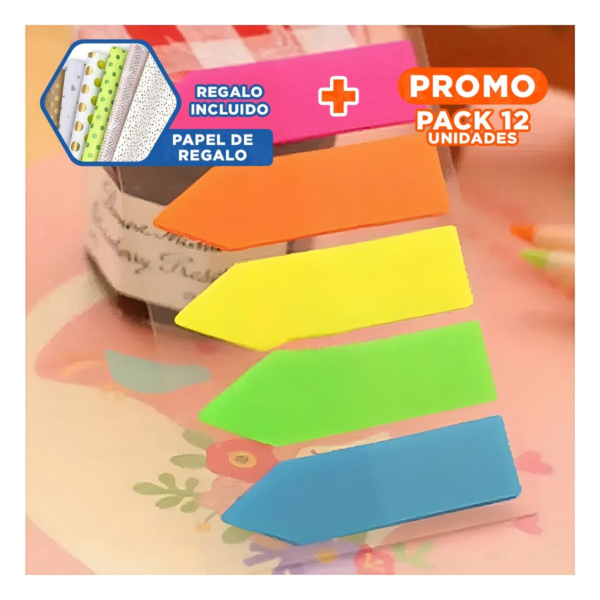PACK12 NOTAS DE COLORES POST IT 5 PIEZAS TRANSPARENTE FLECHA Y+PAPEL REGALO - 1