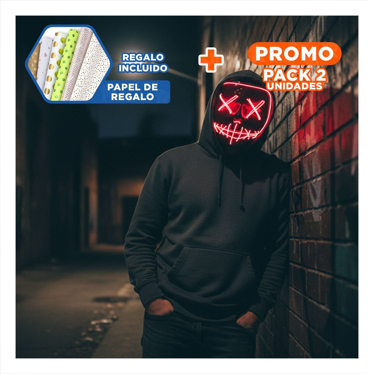 PACK2 ROSTRO LUMINOSO ROJO PARA HALLOWEEN CON LED NEON Y+PAPEL REGALO - 1