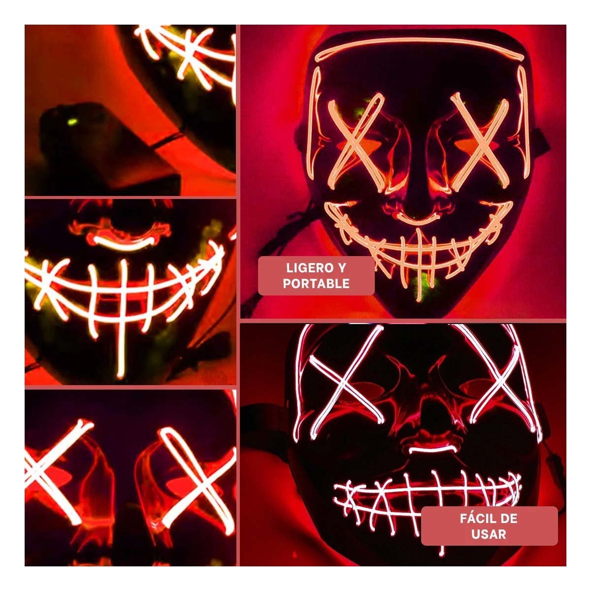 PACK2 ROSTRO LUMINOSO ROJO PARA HALLOWEEN CON LED NEON Y+PAPEL REGALO - 3