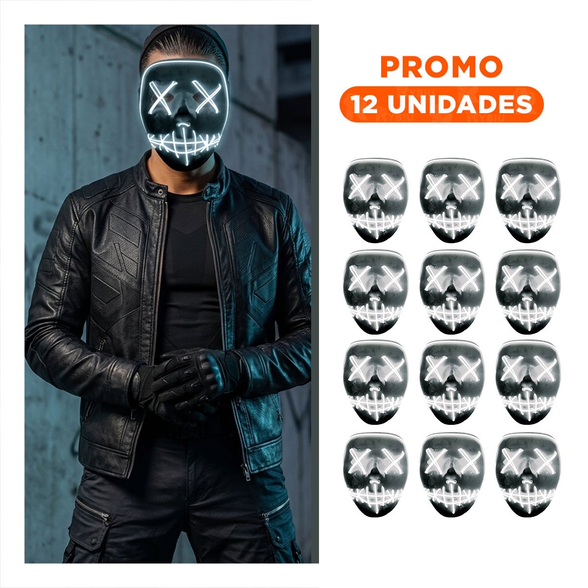 PACK12 ROSTRO FIESTA BLANCO CON ILUMINACION LED NEON Y+REGALO STICKER - 1