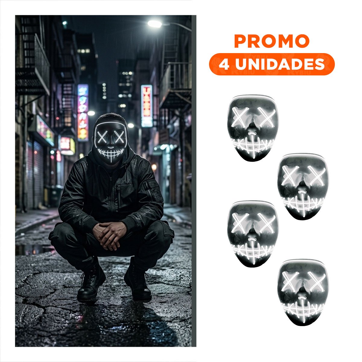 PACK4 ANTIFAZ DISFRAZ BLANCO CON LUCES LED NEON HALLOWEEN Y+REGALO STICKER - 1