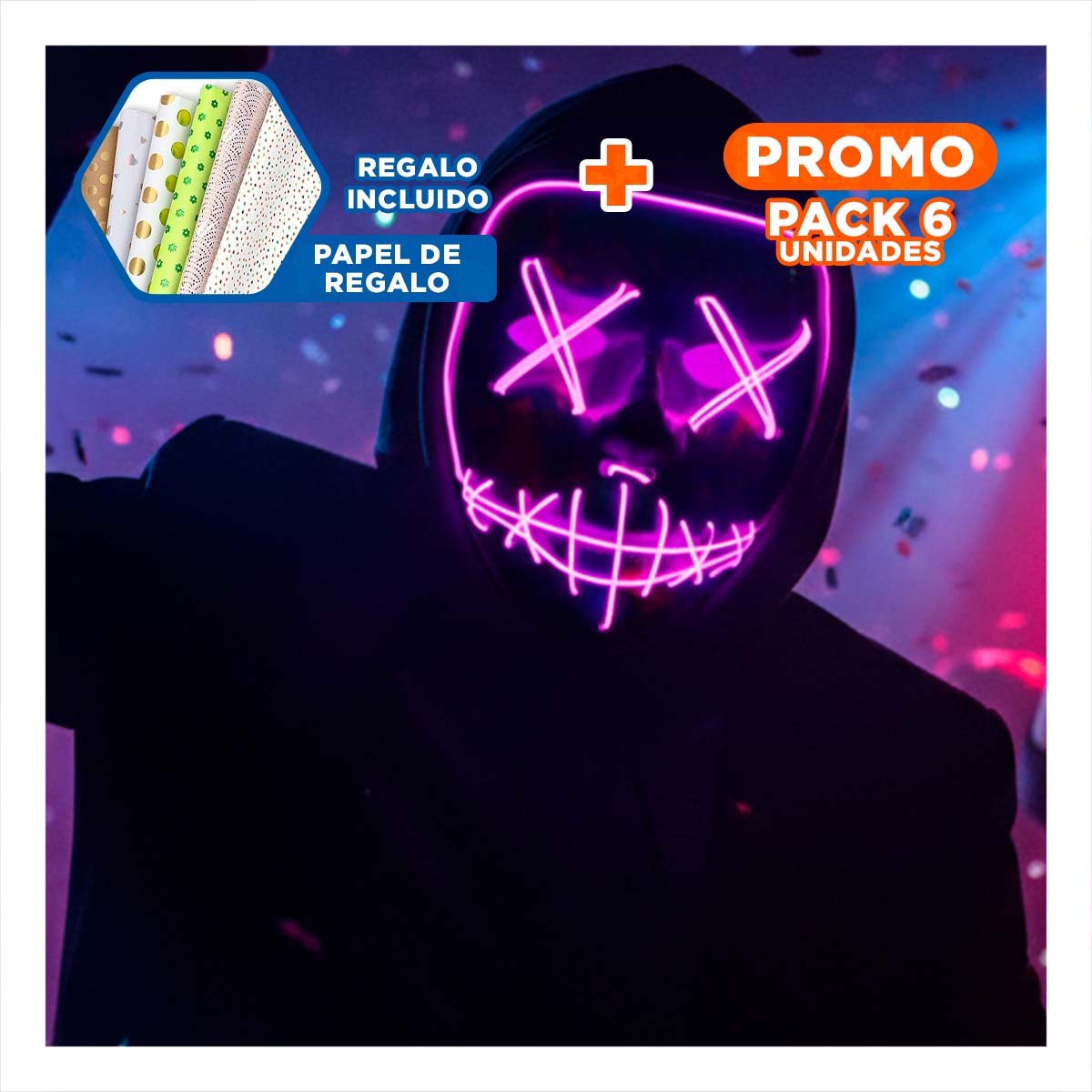 PACK6 CUBIERTA DISFRAZ FUCSIA CON LUCES LED NEON HALLOWEEN Y+PAPEL REGALO - 1