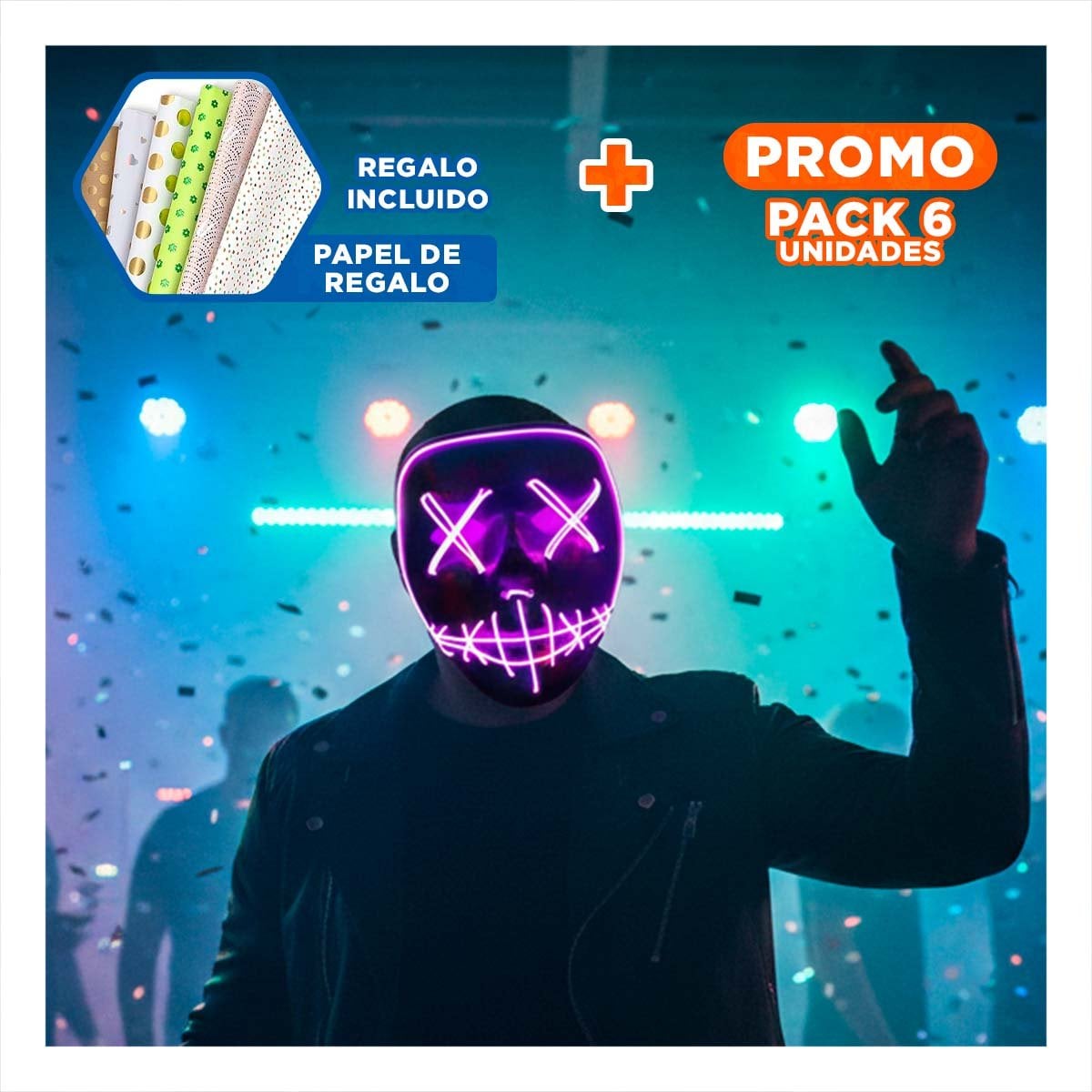 PACK6 CUBIERTA DISFRAZ MORADO CON LUCES LED NEON HALLOWEEN Y+PAPEL REGALO - 1
