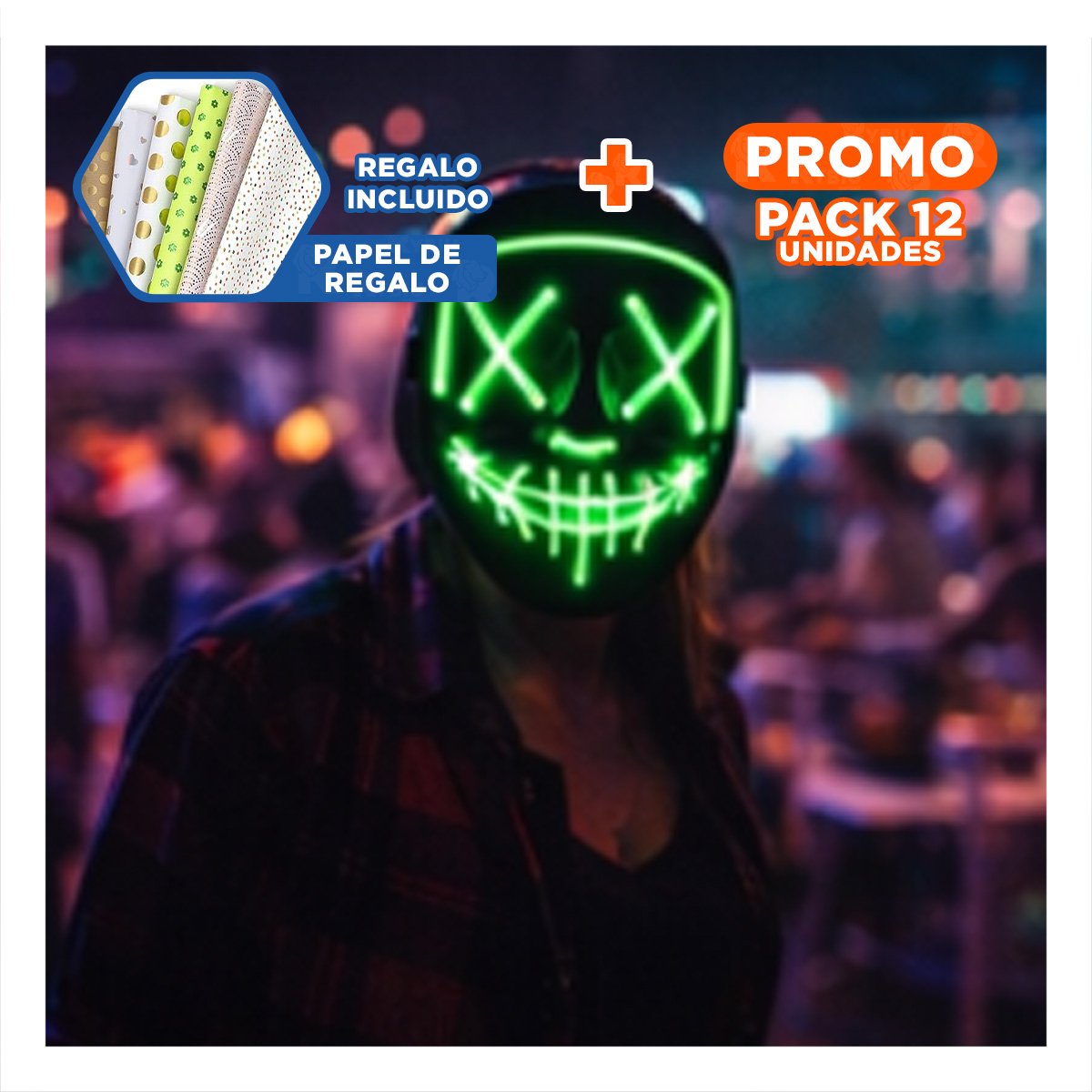 PACK12 ANTIFAZ FIESTA VERDE CON ILUMINACION LED NEON Y+PAPEL REGALO - 1