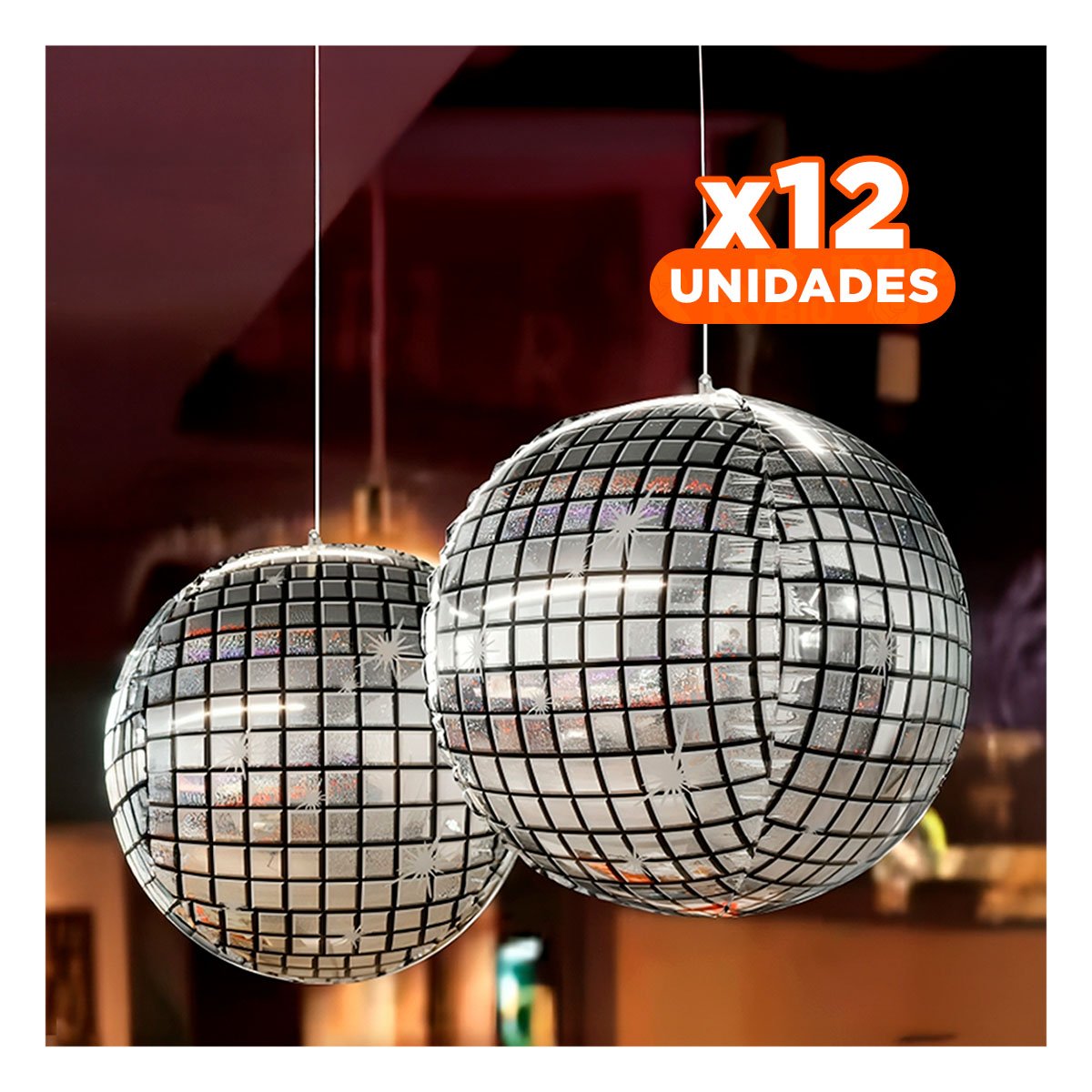 PACK12 BALON BOLA DISCO 4D 45CM PLATEADO SET 2 CUADROS - 1