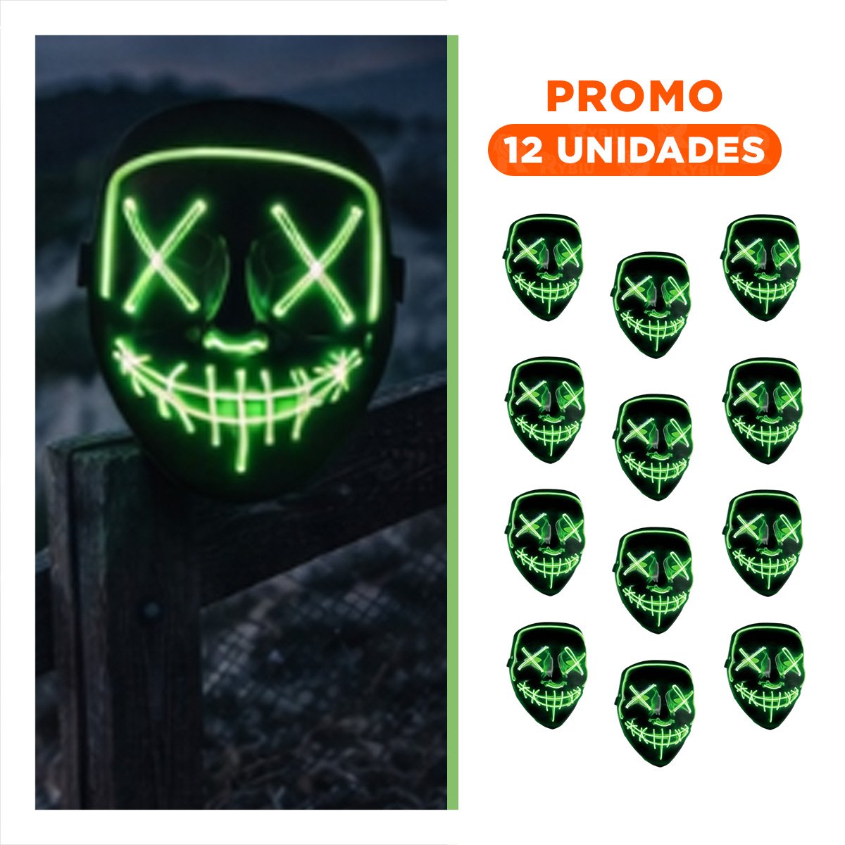 PACK12 ROSTRO FIESTA VERDE CON ILUMINACION LED NEON Y+REGALO STICKER - 1